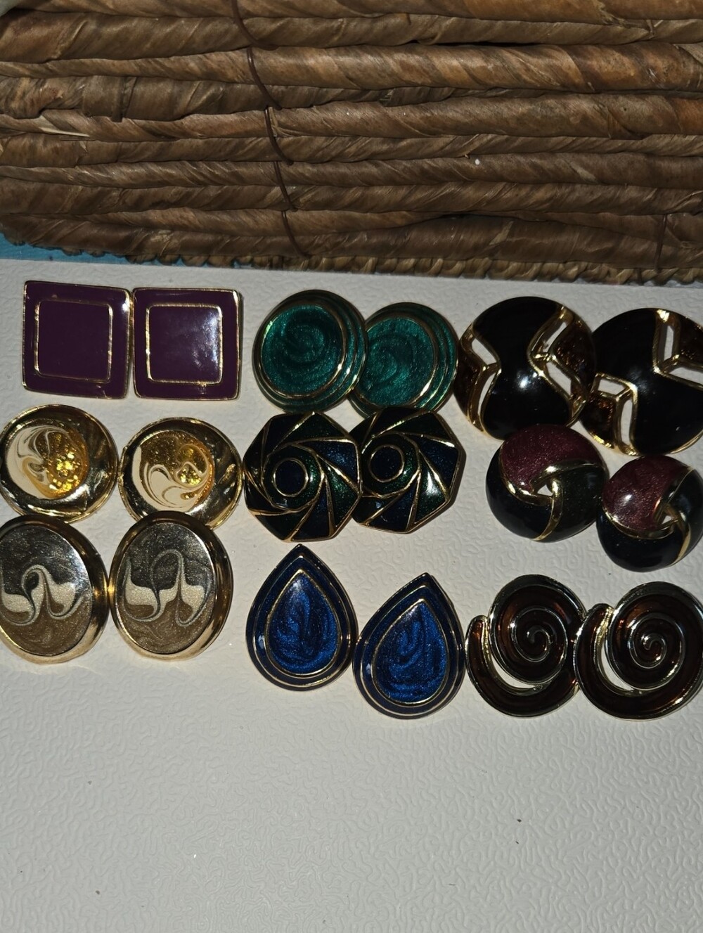 Vintage Multi-Color Women's Clip-On Enamel Finish Earring Set Of 9